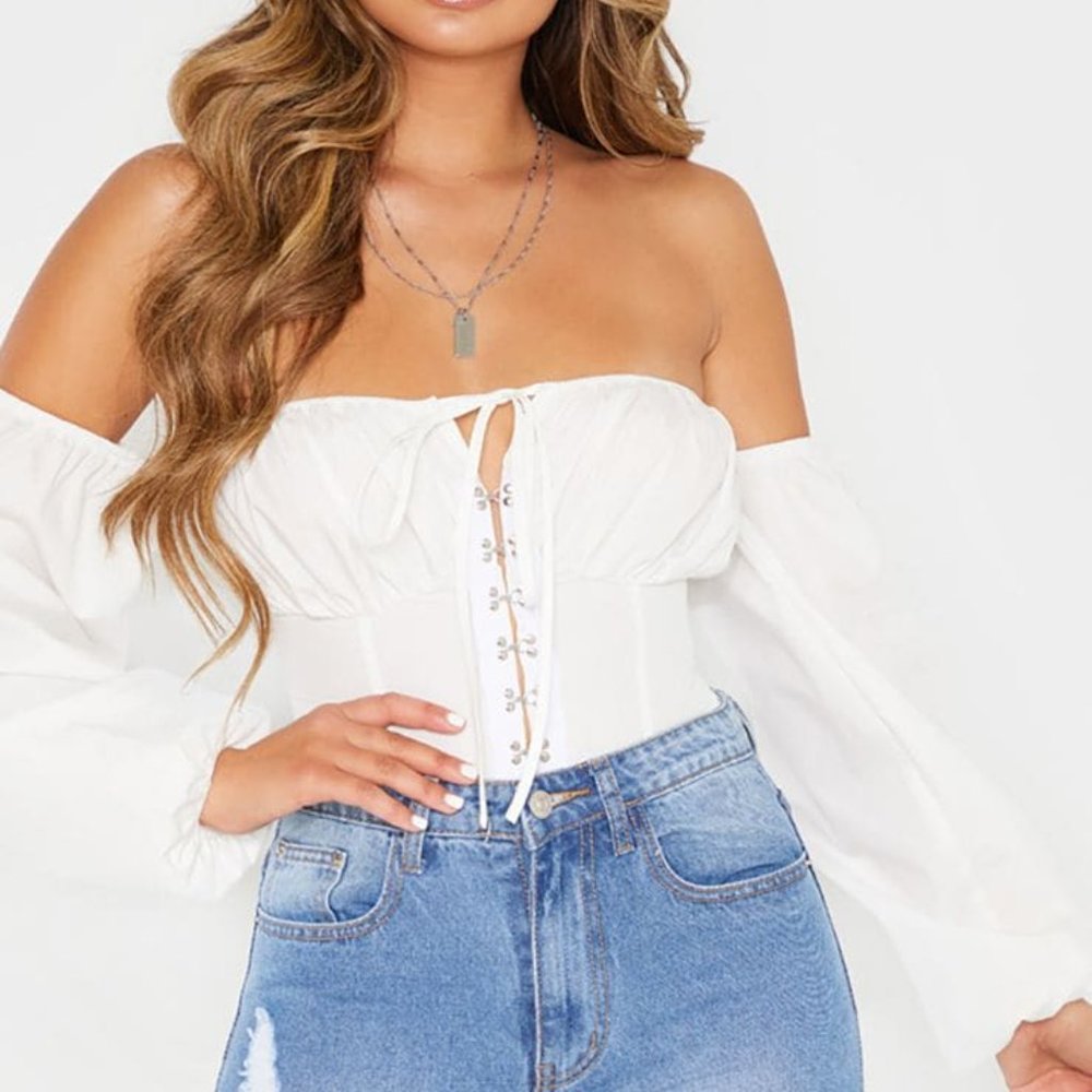 *NEW* PLT WHITE BARDOT LONG SLEEVE BODYSUIT